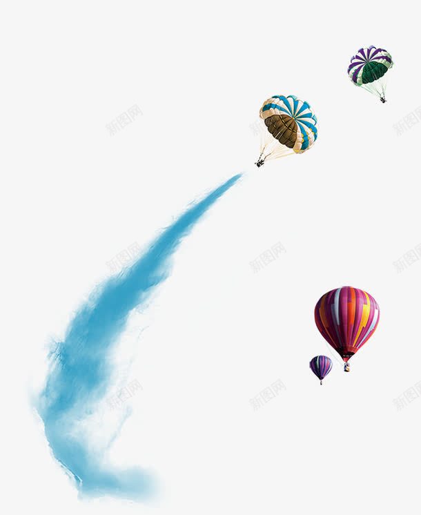 有蓝色烟的降落伞png免抠素材_新图网 https://ixintu.com 热气球 蓝色烟 装饰图案 降落伞