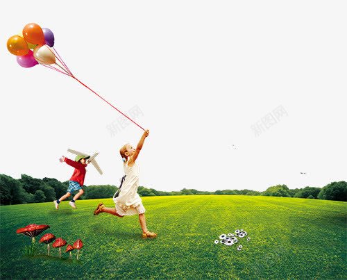 在草地上奔跑的孩子png免抠素材_新图网 https://ixintu.com 在草地上奔跑的孩子 小人奔跑 小花朵 拿着气球的孩子 蘑菇