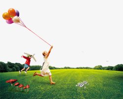 小人气球在草地上奔跑的孩子高清图片