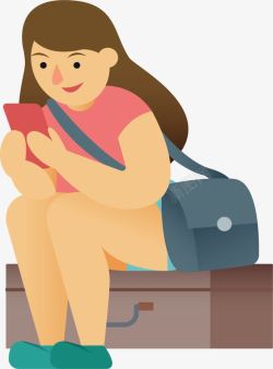 旅游玩坐在行李箱看手机的人高清图片