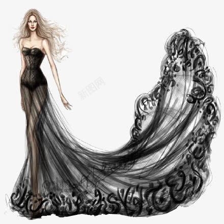 裙子png免抠素材_新图网 https://ixintu.com 女孩 女装 手绘 时装 服装设计 模特 黑色纱裙
