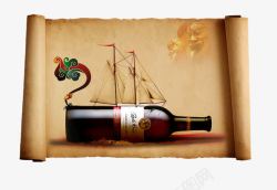 欧式画卷复古羊皮卷中的红酒瓶高清图片