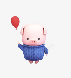 猪年形象c4d卡通手拿气球的猪猪装饰高清图片