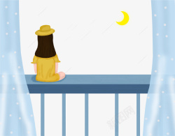 窗户窗帘卡通手绘坐在窗户上的少女高清图片