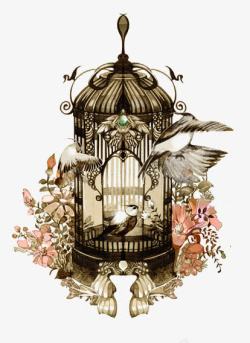 彩旗鲜花鸟笼手绘鸟笼高清图片