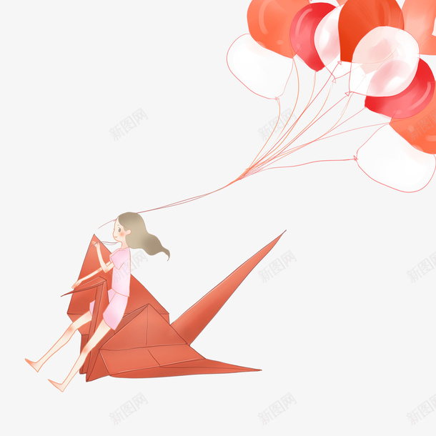 手绘卡通女孩牵气球png免抠素材_新图网 https://ixintu.com 可爱女孩 气球 浪漫唯美画面 红色气球 纸飞机