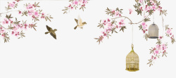 鸟笼中国风手绘古代工笔桃花鸟儿高清图片
