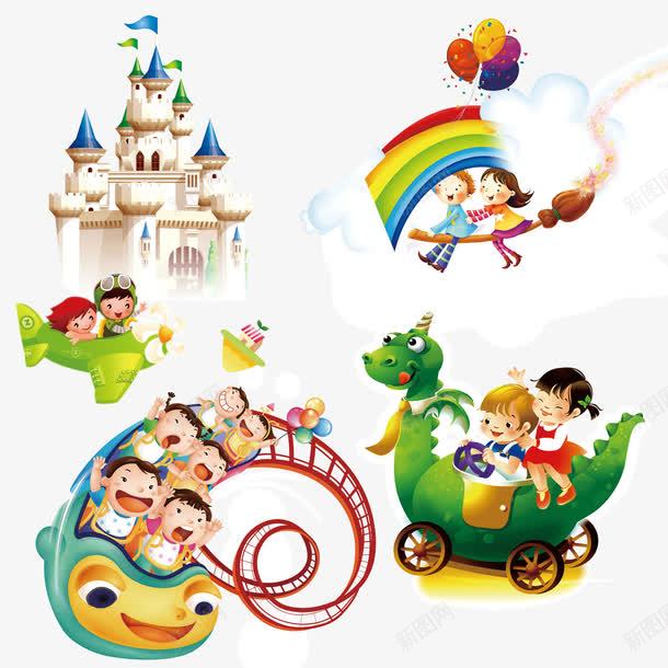 儿童游乐园png免抠素材_新图网 https://ixintu.com 六一儿童节 卡通 城堡 彩虹 过山车