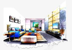客厅设计效果图手绘现代新房室内效果图高清图片