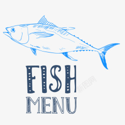 蓝色手绘线稿鱼类美食矢量图素材