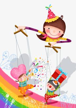 涂鸦彩虹玩木偶的小女孩高清图片