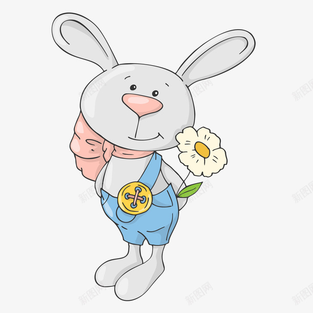拿着花朵的小兔子png免抠素材_新图网 https://ixintu.com 创意 动物设计 卡通 小兔子 小灰兔 灰色 花朵