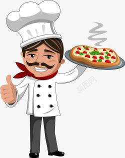 披萨创意设计手端着美味食物的卡通厨师素高清图片