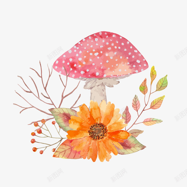卡通手绘蘑菇与花png免抠素材_新图网 https://ixintu.com 创意 卡通手绘 排忧解难 树叶 植物 橘黄色的花 水彩 漂亮 灵感 红色的蘑菇