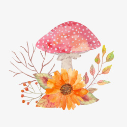 橘黄色的花卡通手绘蘑菇与花高清图片