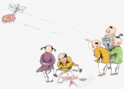 水彩中国古代儿童放风筝装饰图案素材