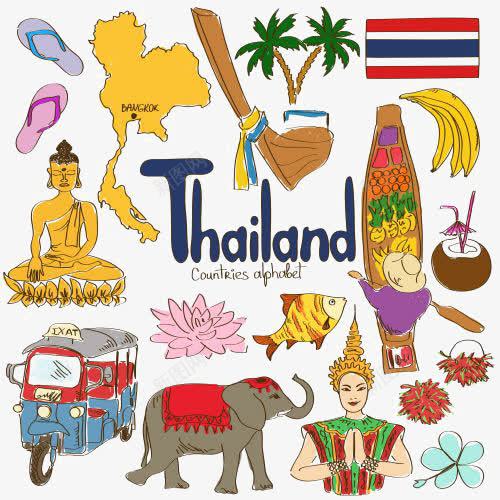 泰国文化png免抠素材_新图网 https://ixintu.com Thailand 三轮子 佛像 手绘 椰树 椰汁 英文