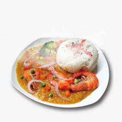 美味鲜虾海鲜咖喱米饭冒热气图高清图片