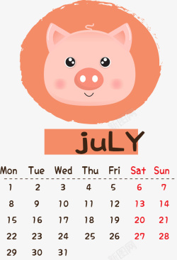 七月日历2019新年可爱猪头七月日历高清图片