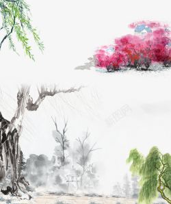 郊外湖边风景水墨画水墨郊外风景高清图片
