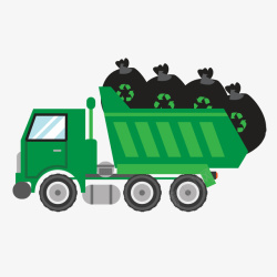 绿色垃圾车上的黑色垃圾袋矢量图素材