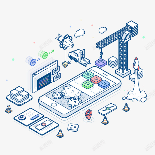 扁平线条25D手机建设矢量图eps免抠素材_新图网 https://ixintu.com 25D 定位 扁平 手机 火箭 热气球 线条 矢量图
