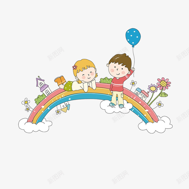 坐在彩虹上的女孩图png免抠素材_新图网 https://ixintu.com 卡通手绘 学生 孩子 彩虹 气球 水彩 蓝色