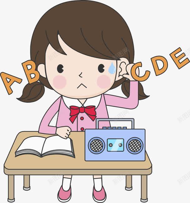 听英语的女孩png免抠素材_新图网 https://ixintu.com 字母 学生 收音机 朗诵 粉色的 英语 课本
