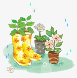 手绘水彩插画下雨天雨靴与花盘素材