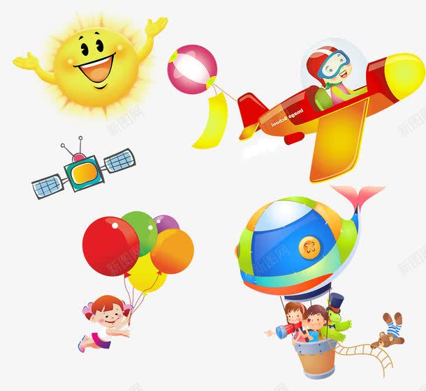 天空上的孩子png免抠素材_新图网 https://ixintu.com 卡通 卡通太阳 幼儿 开飞机的小男孩 彩色气球 手绘