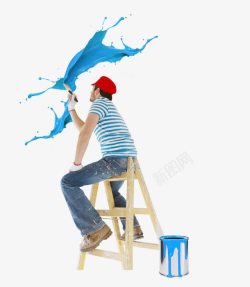 坐在梯子上刷漆工人坐在梯子上刷漆高清图片