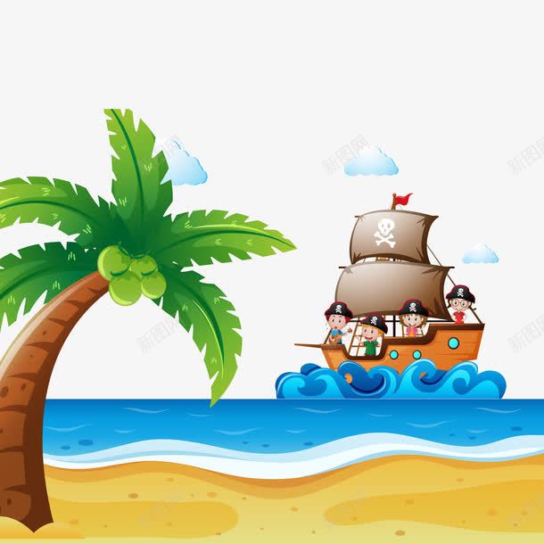 船到达一个岛屿png免抠素材_新图网 https://ixintu.com 卡通人物 大海 椰树 海滩 海盗船 白云