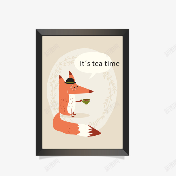 可爱喝茶的狐狸挂画png免抠素材_新图网 https://ixintu.com 卡通动物 壁画 挂画 狐狸 相框 背景装饰