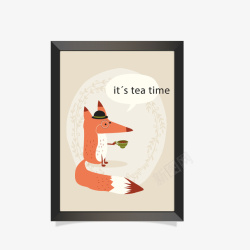 卡通挂画图片可爱喝茶的狐狸挂画高清图片