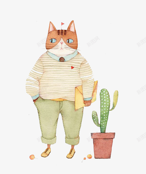 卡通猫咪png免抠素材_新图网 https://ixintu.com 仙人掌 动物 卡通 手绘 植物 水彩 猫咪 装饰