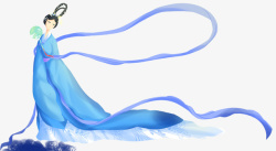 嫦娥玉兔手绘卡通版穿着蓝色裙子的嫦娥高清图片