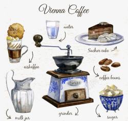 水彩咖啡豆咖啡机高清图片
