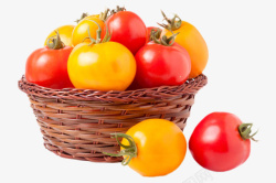 番茄樱桃实物新鲜黄色红色篮子里的番茄高清图片