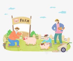 卡通漫画女孩幸福的农村一家人在猪圈喂猪高清图片