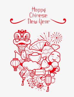舞狮表演快乐中国年简笔画高清图片