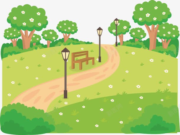 公园png免抠素材_新图网 https://ixintu.com 公园 公园绘画 卡通 小路 手绘 椅子 水彩路灯 路灯