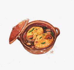 手绘砂锅鱼肉素材