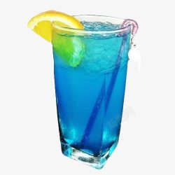 柠檬片装饰方脚玻璃杯里的蓝柑气泡水高清图片
