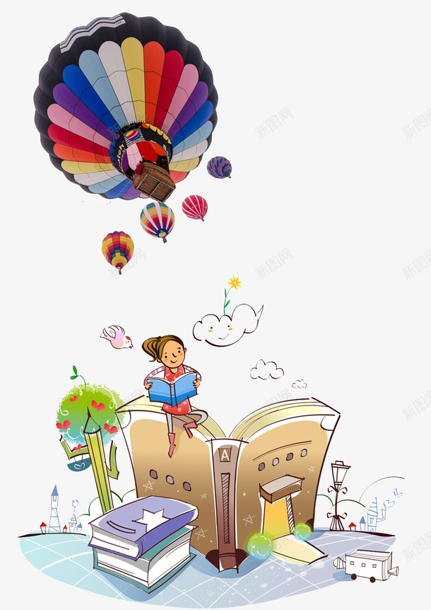 看书的小孩png免抠素材_新图网 https://ixintu.com 书籍 热气球 矢量装饰 装饰 阅读