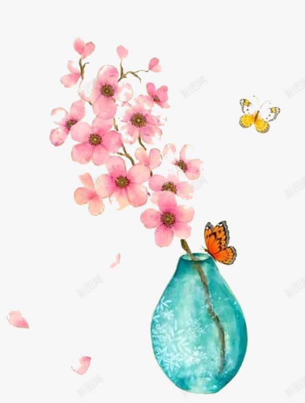 花瓶里的梅花png免抠素材_新图网 https://ixintu.com 手绘 梅花 植物 瓶子 花朵 花瓶 蓝色 蝴蝶 飞舞