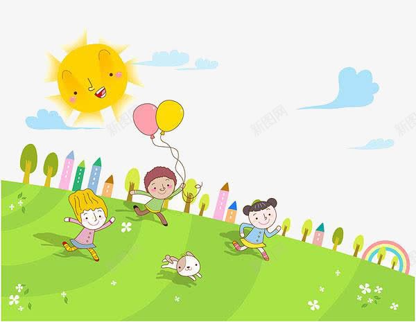 卡通草地上的小孩png免抠素材_新图网 https://ixintu.com 卡通 太阳 小孩 气球 草地上的
