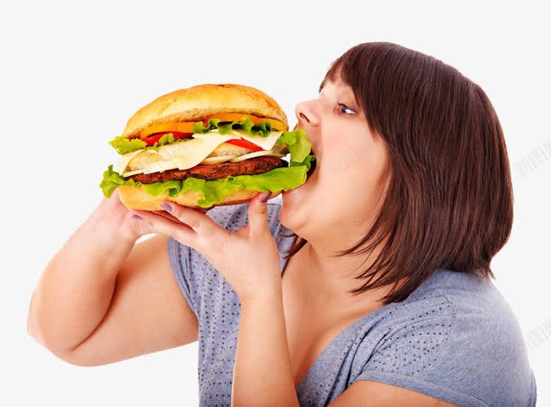 吃汉堡的人png免抠素材_新图网 https://ixintu.com 卡通 吃饭 夹层 快餐 汉堡 美味 美食 肉 胖妞 脂肪 面包 食物
