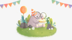 小恐龙卡通手绘草地上小恐龙吃蛋糕高清图片