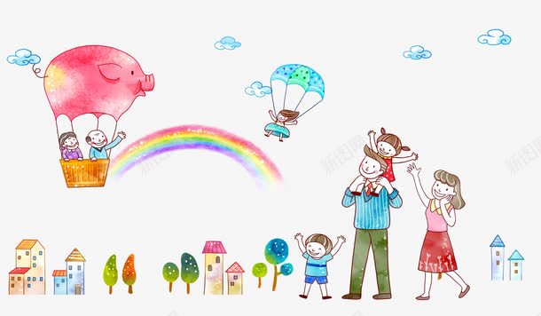 欢乐一家人psd免抠素材_新图网 https://ixintu.com 卡通 家人 彩虹 房子 树木 热气球