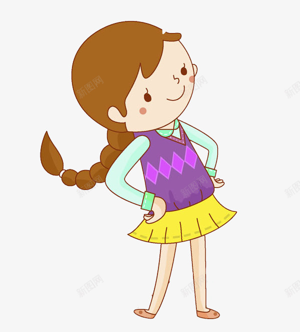 扎辫子的女孩png免抠素材_新图网 https://ixintu.com 可爱的 学生 小女孩 掐腰 漂亮的 紫色的 长发